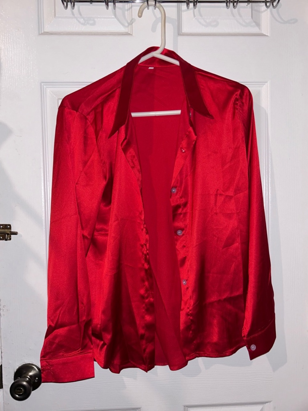 SHEIN Red Satin Button-Up Blouse
